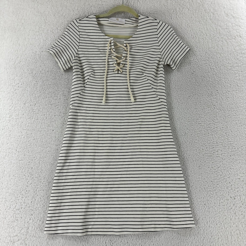 Amanda Uprichard Serena‎ Dress Womens Medium White Stripe Lace Up Short Sleeve